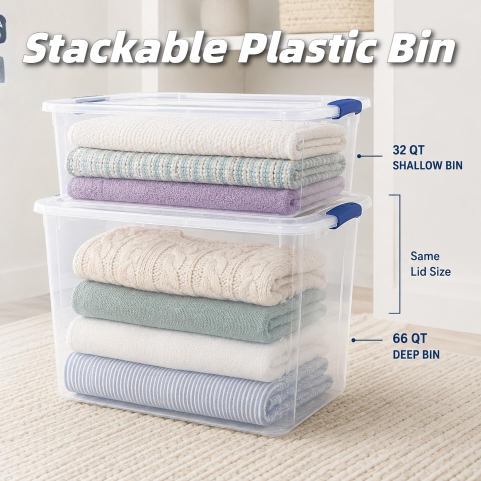 Image of 32 Quart Clear Latching Storage Bin with Lid, Under Bed Storage Container, Stackable Plastic Bin for Linens, Seasonal Clothes
