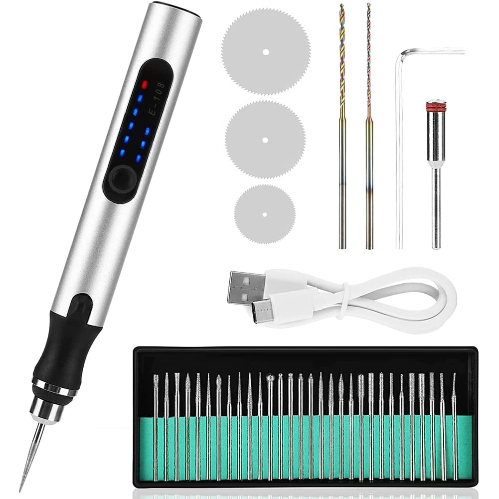 Mskidand Silver Electric Engraving Pen Kit,Cordless Rechargeable Grinding Pen With 35 Bits,For Carving Glass Jewelry Wood Stone Manicure
