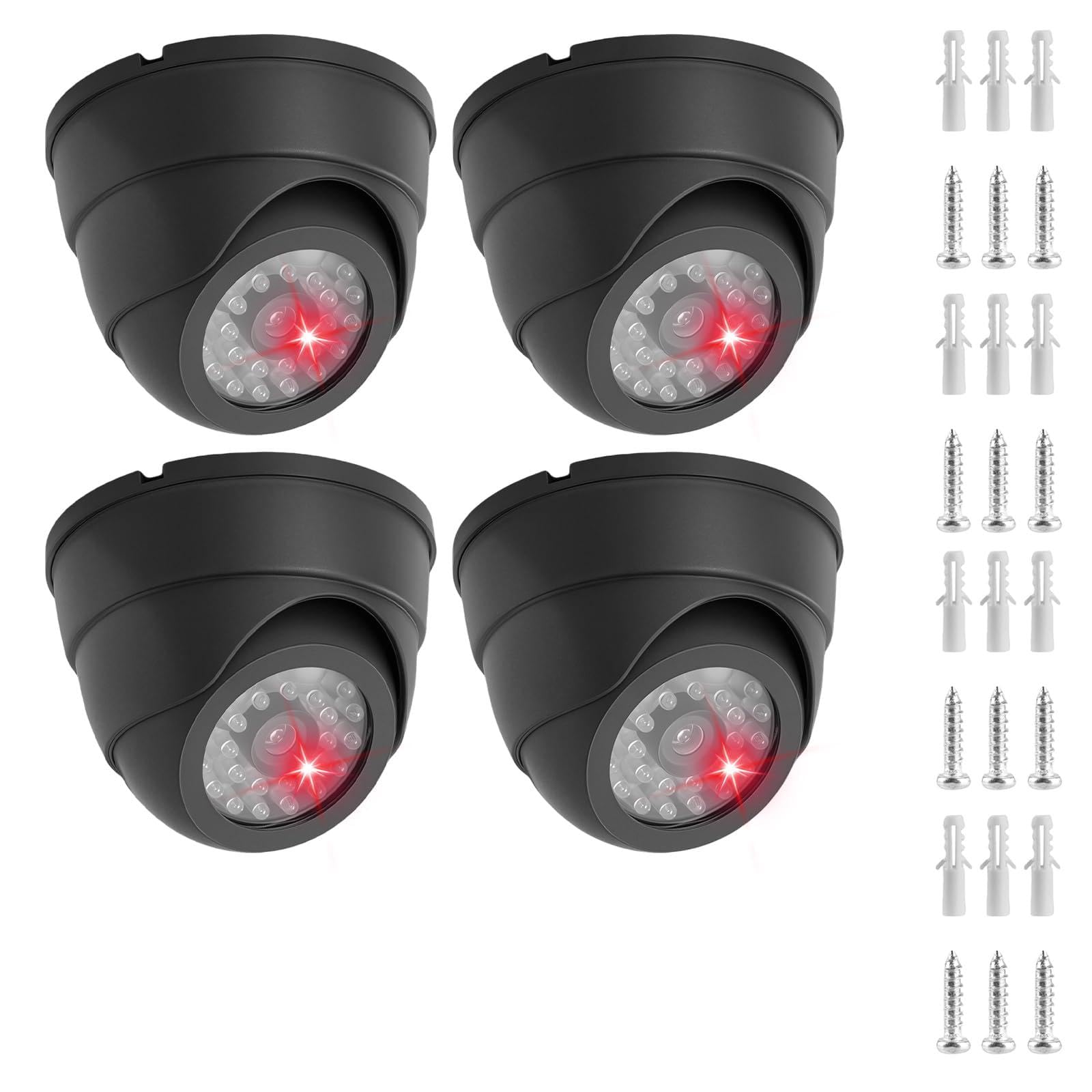 4 pezzi telecamere finte: telecamera di sorveglianza fittizia, finta telecamera di sorveglianza con ottica realistica e LED rosso lampeggiante per sicurezza interna ed esterna, casa, ufficio