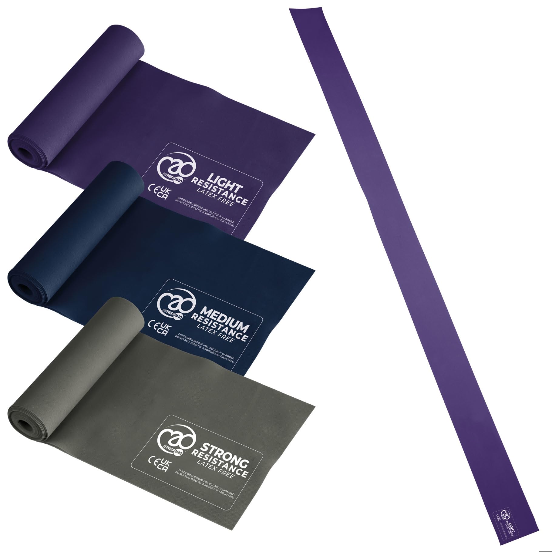 Fitness-Mad Latex Free Resistance Bands | Elastic Exercise Band in 4 Different Resistance Levels | Great for Strength Training, Therapy & Rehab | Single Band or Set of 3, 1.5m long