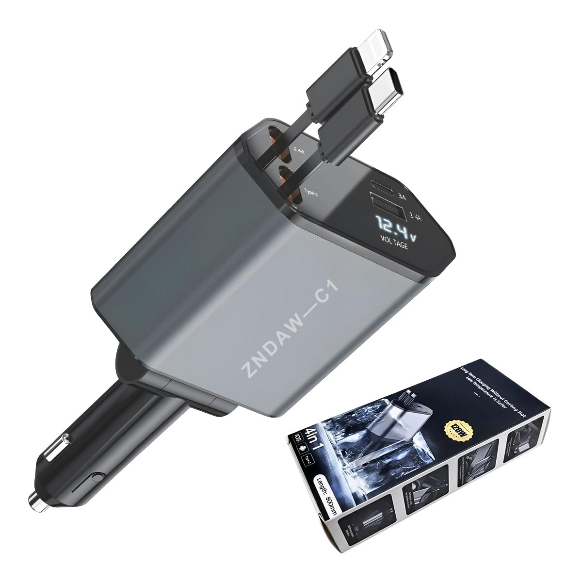 Cargador retráctil para coche 4 en 1, adaptador USB-C/A de 120W con cables 7