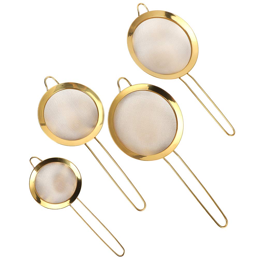 Sito do mąki Zestaw sitek ze stali nierdzewnej o drobnych oczkach do pieczenia w kuchni Gotowanie Przesiewanie mąki Cukier w proszku Filtrowanie soków 4 sztuki Titanize Gold 10cm