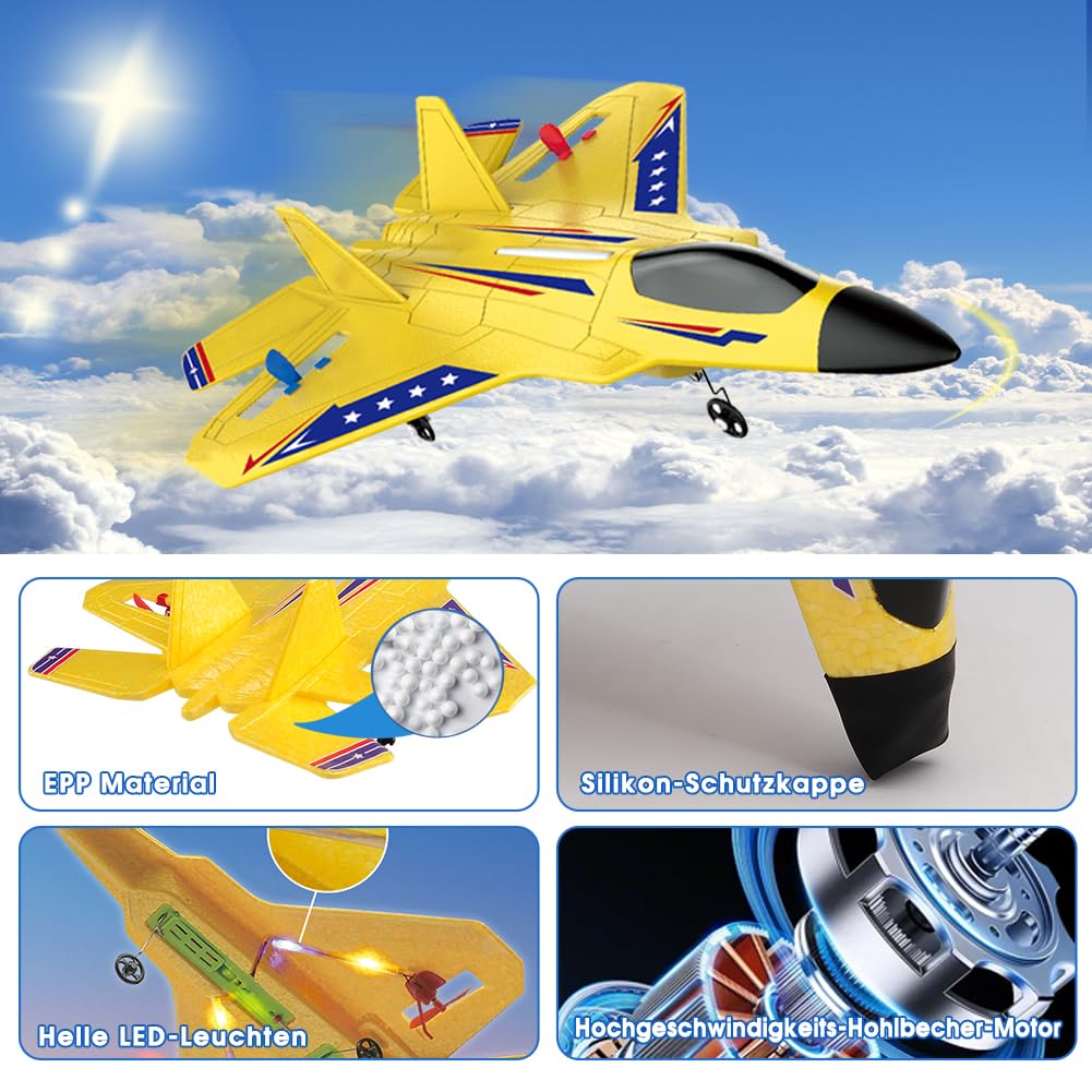 Fremego RC Flugzeug RTF,2 Stück 2.4Ghz Kampfflugzeuge Ferngesteuertes Flugzeugs für Anfänger Flugzeug Ferngesteuert Modell Spielzeug Blau&Gelb F22