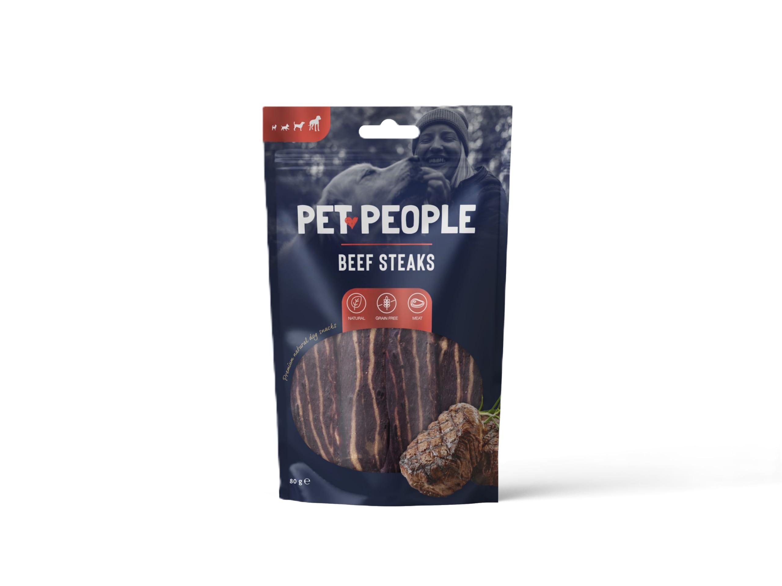 Pet People Beef Steaks 80g, Natural, Grain Free, High Protein, Dental Care, Dog Snacks - 8pc, 80g (12 Bags)