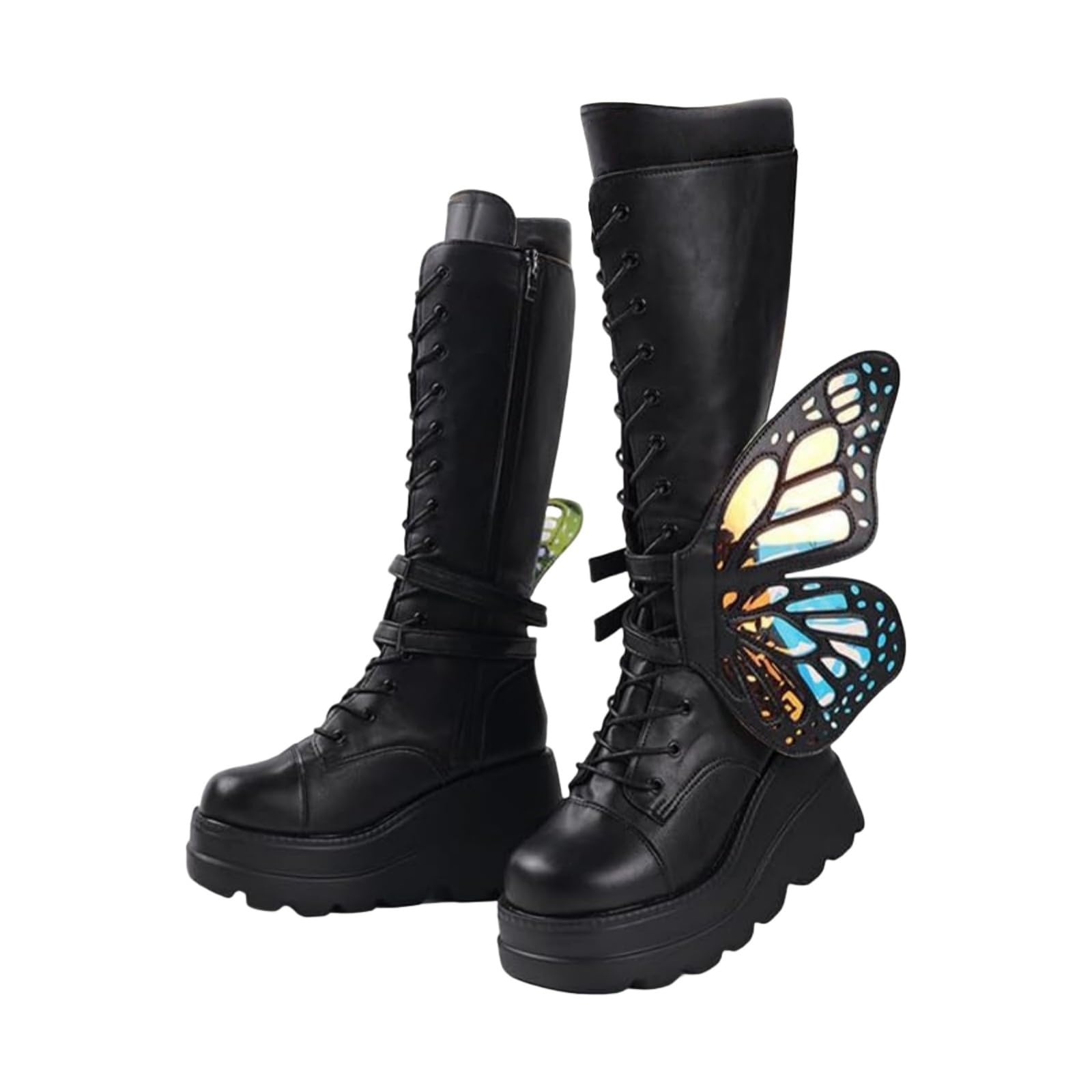 Womens Platform Punk Goth Mid Calf Boots Chunky High Heel Side Zip Butterfly Wings Booties Chunky Wedge Heel