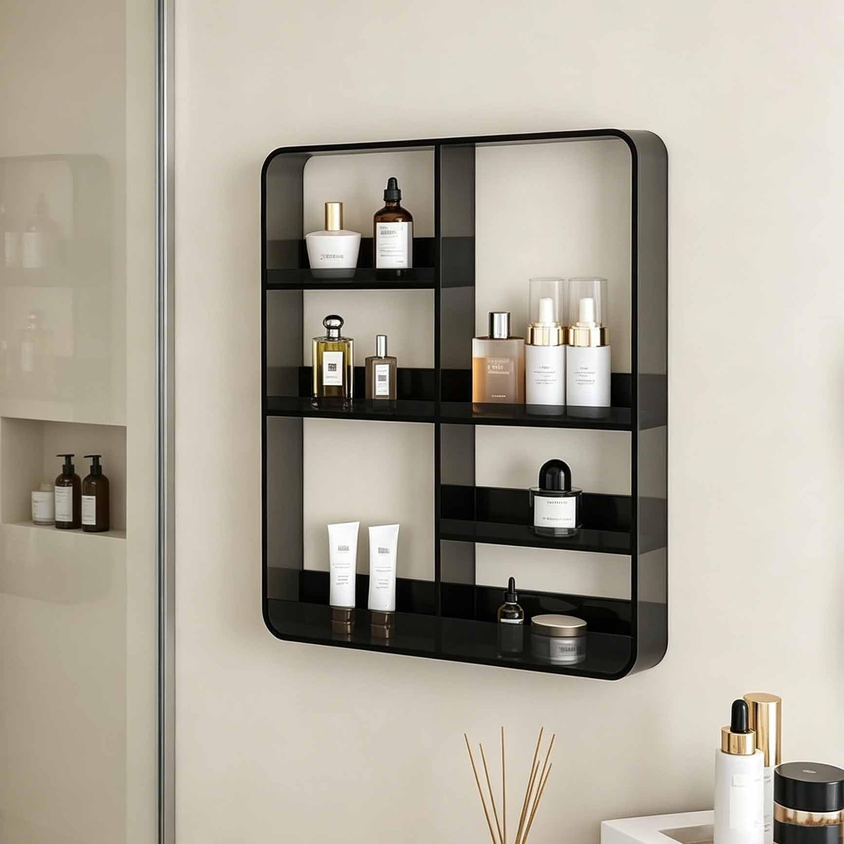 Dalumian Wall Mounted Acrylic Storage Rack, Self-adhesive Invisible Wall Shelves, Nail Polish Book Decoration Makeup Perfume Organizer Floating Shelf(Black)