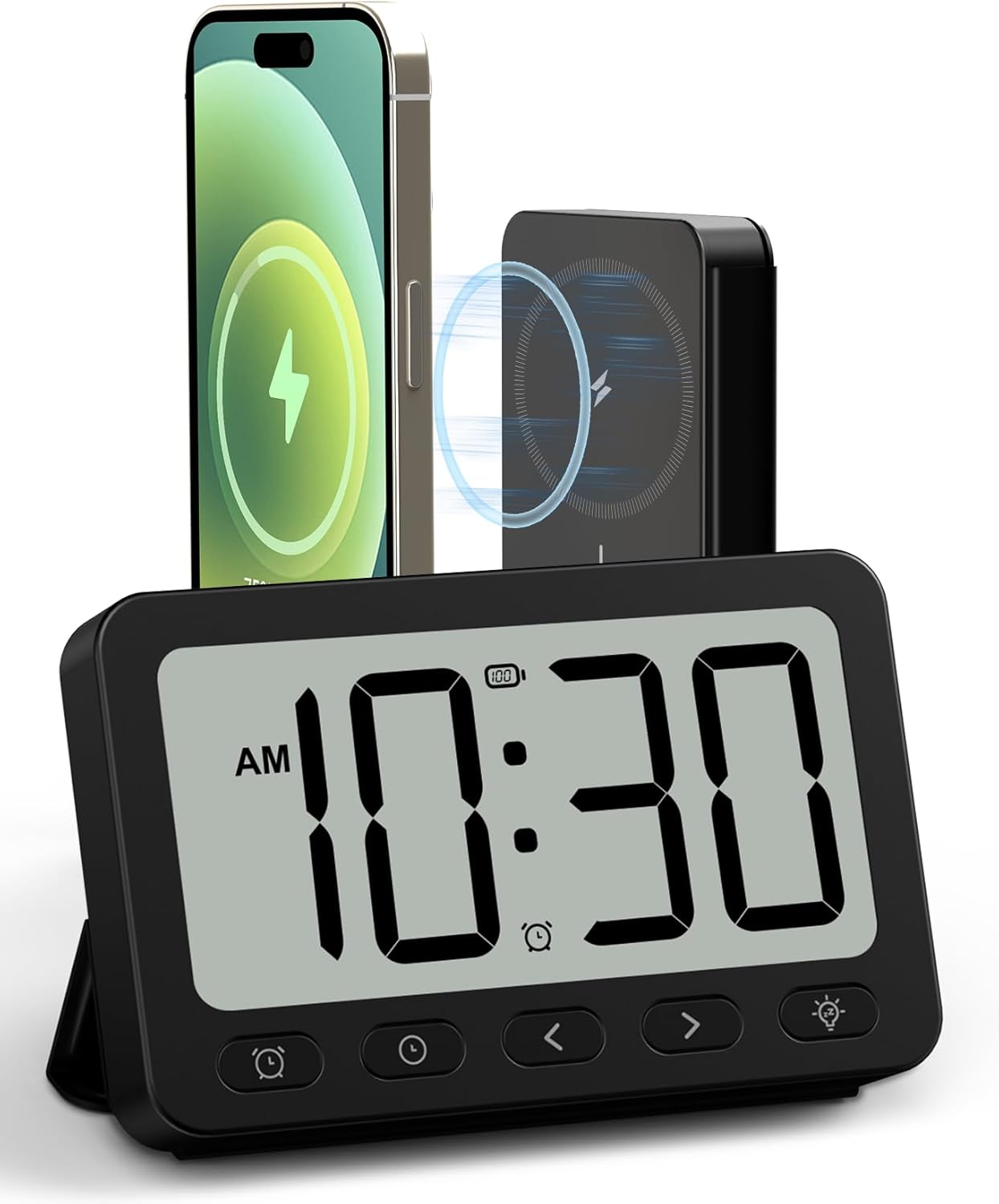 ANJANK Digital Travel Alarm Clock, 6000mAh for MagSafe Battery Pack, Portable Magnetic Power Bank, Wireless Charger for iPhone 16/15/14/13/12, USB-C & USB-A Charging, Foldable LCD Clock with Backlight