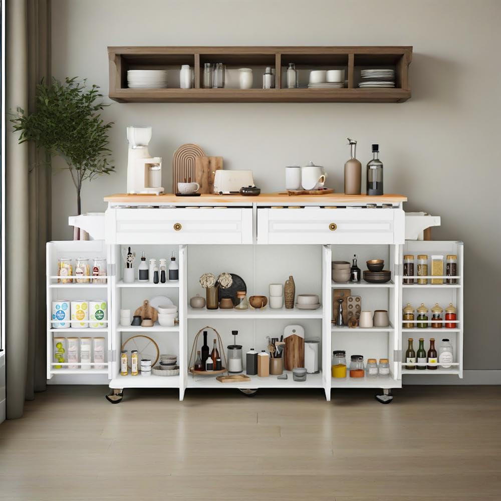 CayugaCrekrd Kitchen Island Cart with Storage on Wheels, 59" Large Rolling Kitchen Island with Drop Leaf, Mobile Island for Kitchen with Towel Rack,