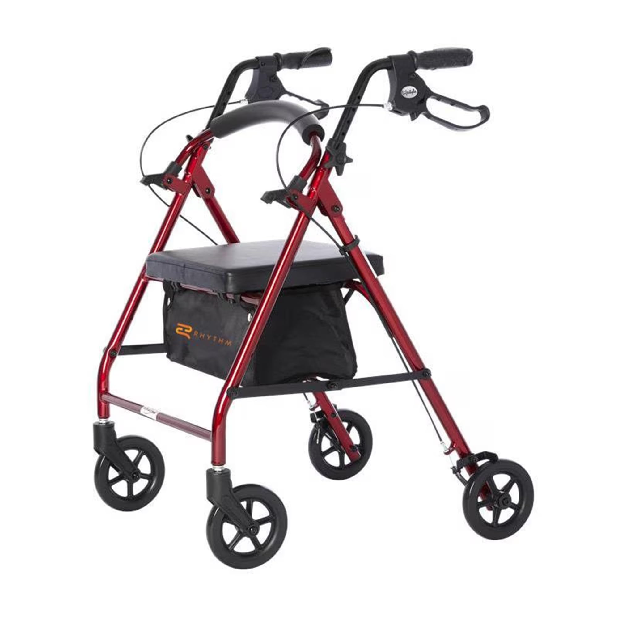 Rhythm Healthcare Royal Aluminum 4 Wheel Rollator, Lightweight Folding Walker with Padded Seat, Tote Bag, and Locking Loop Brakes, Red