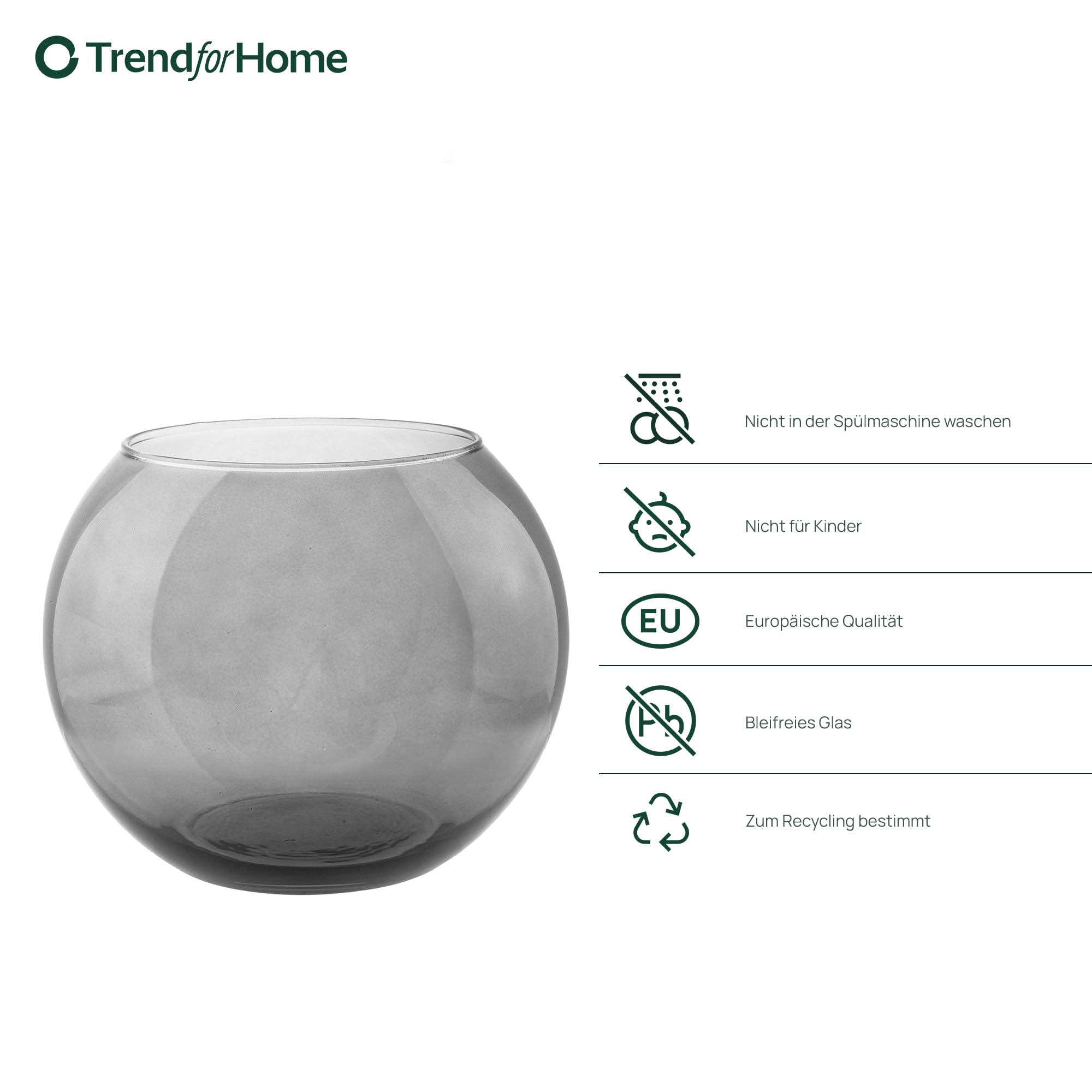 TREND FOR HOME Olivia - Vaso a sfera in vetro, Ø19 cm, altezza 15,5 cm, grigio