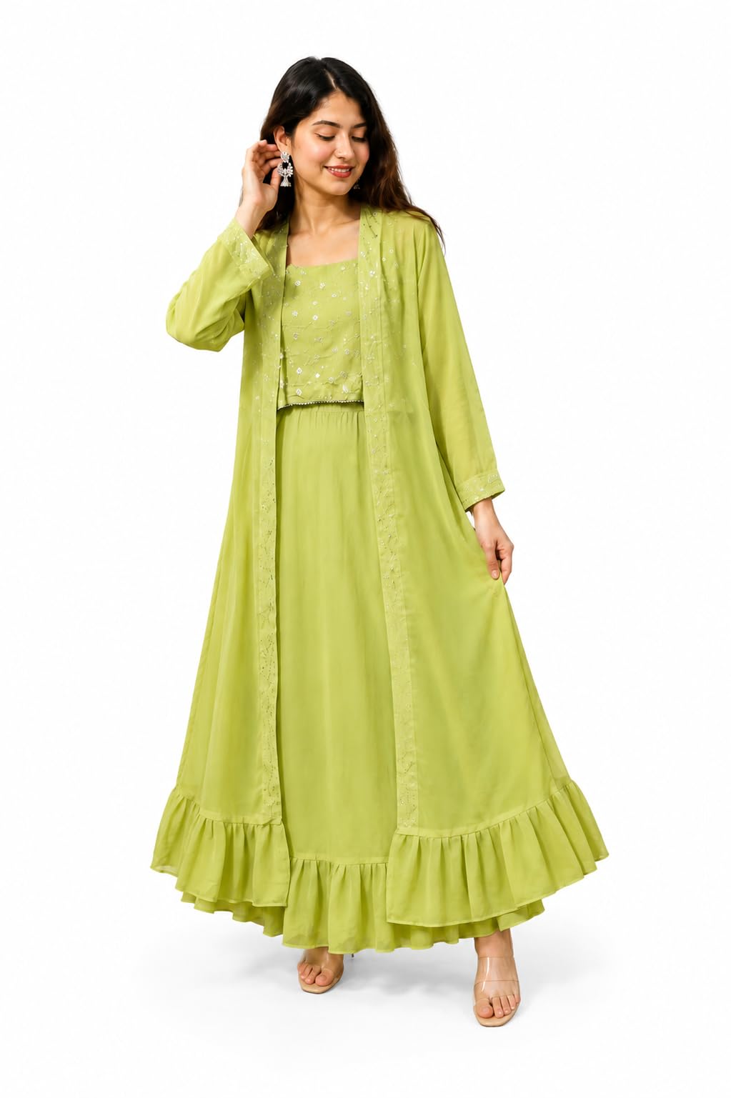 FEMANI Women's Embroidered Ethnic Co-Ord Set with Crop Top, Flared Skirt & Long Shrug-picture-33