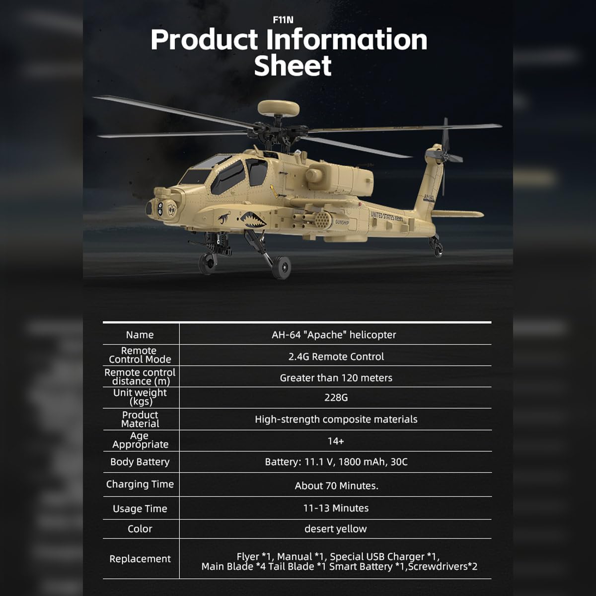 YU Xiang F11-N AH64 - Helicóptero teledirigido (escala 1:32, 2,4
