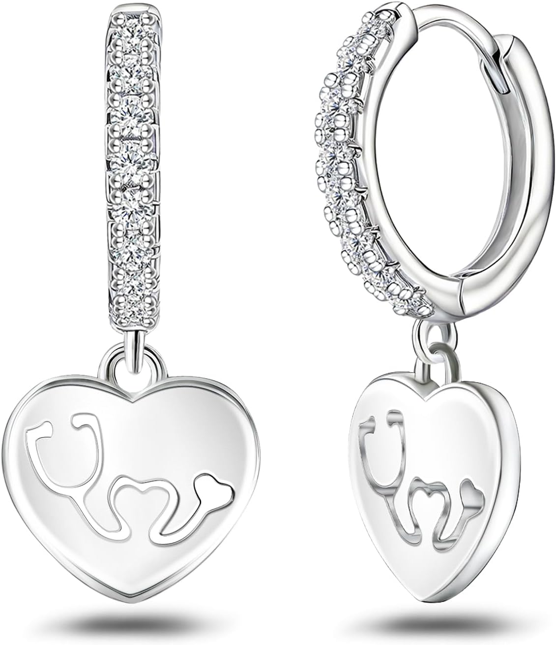 Nurse Earrings for Women White Gold Plated Sterling Silver Stethoscope Dangle Earrings With Heart Medical Hoop Huggie Jewelry for Practitioner Rn Doctor Student Gifts for Nurses Day Birthday