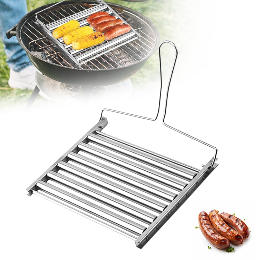 swertoy Hot Dog Roller for Grill, Hot Dog Roller Grill, Hotdog Roller Stainless Steel Sausage Roller Rack with Handle, Hot Dog Griller Roller for Outdoor Camping BBQ (1, Medium)