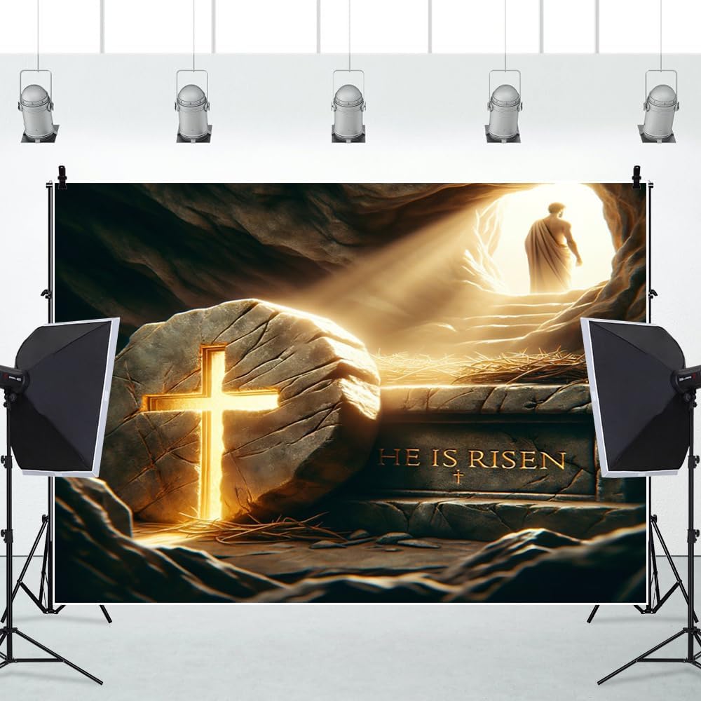 Easter He is Risen Backdrop 12x10ft Resurrection of Jesus Tomb Backdrops for Photography Religious Cross Holy Lights Christian Easter Church Decorations Holy Week Photo Booth Props