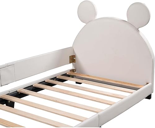 Miniatura 7 de Altillo Cama de plataforma tapizada de cuero con cabecero de orejas, bonito marco de cama con orejas decorativas para dormitorio de niñas y niños,