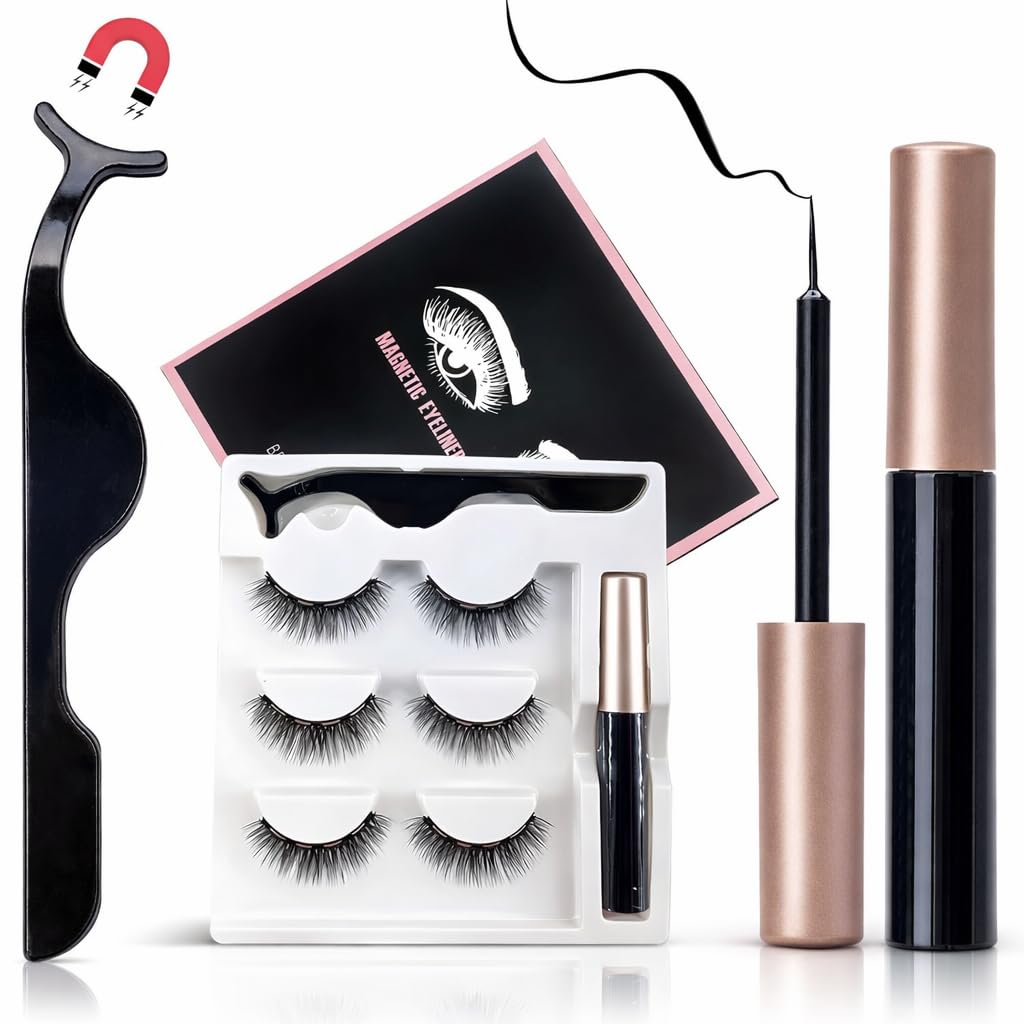 Magnetic Eyelashes for Women | Reusable 3 Pairs Magnetic False Lashes with Liner | Waterproof, Natural Look Lash Set for Daily & Party Makeup (Black)-image-41