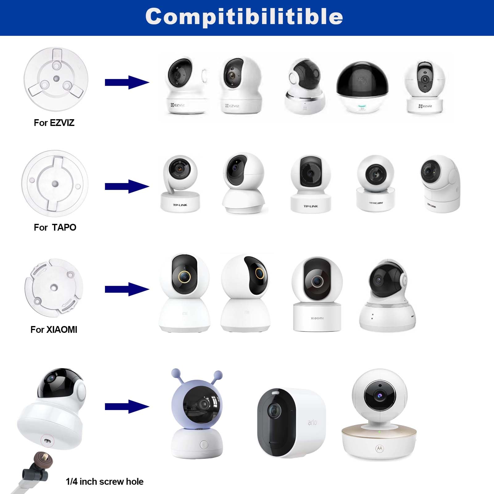 elastyczna uchwyt do monitora wideofonu z mini główką statywu, uchwyt na kamerę bezpieczeństwa, kompatybilny z XIAOMI TP-Link EZVIZ Arlo Pro (z adapterem)