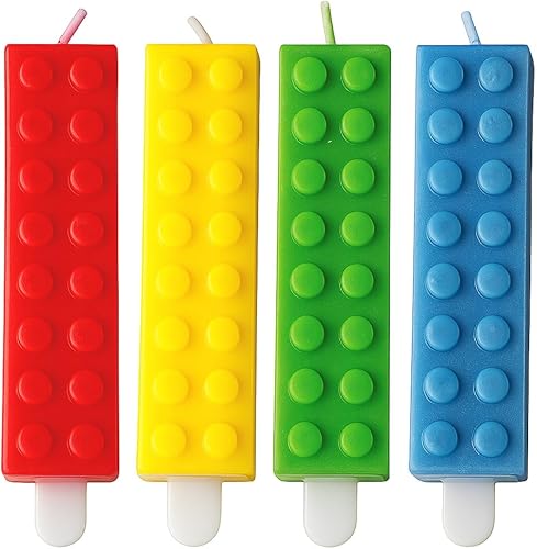 ArtCreativity Velas de ladrillo, velas temáticas de bloques de construcción, paquete de 4 velas de fiesta rojas, amarillas, verdes y azules,