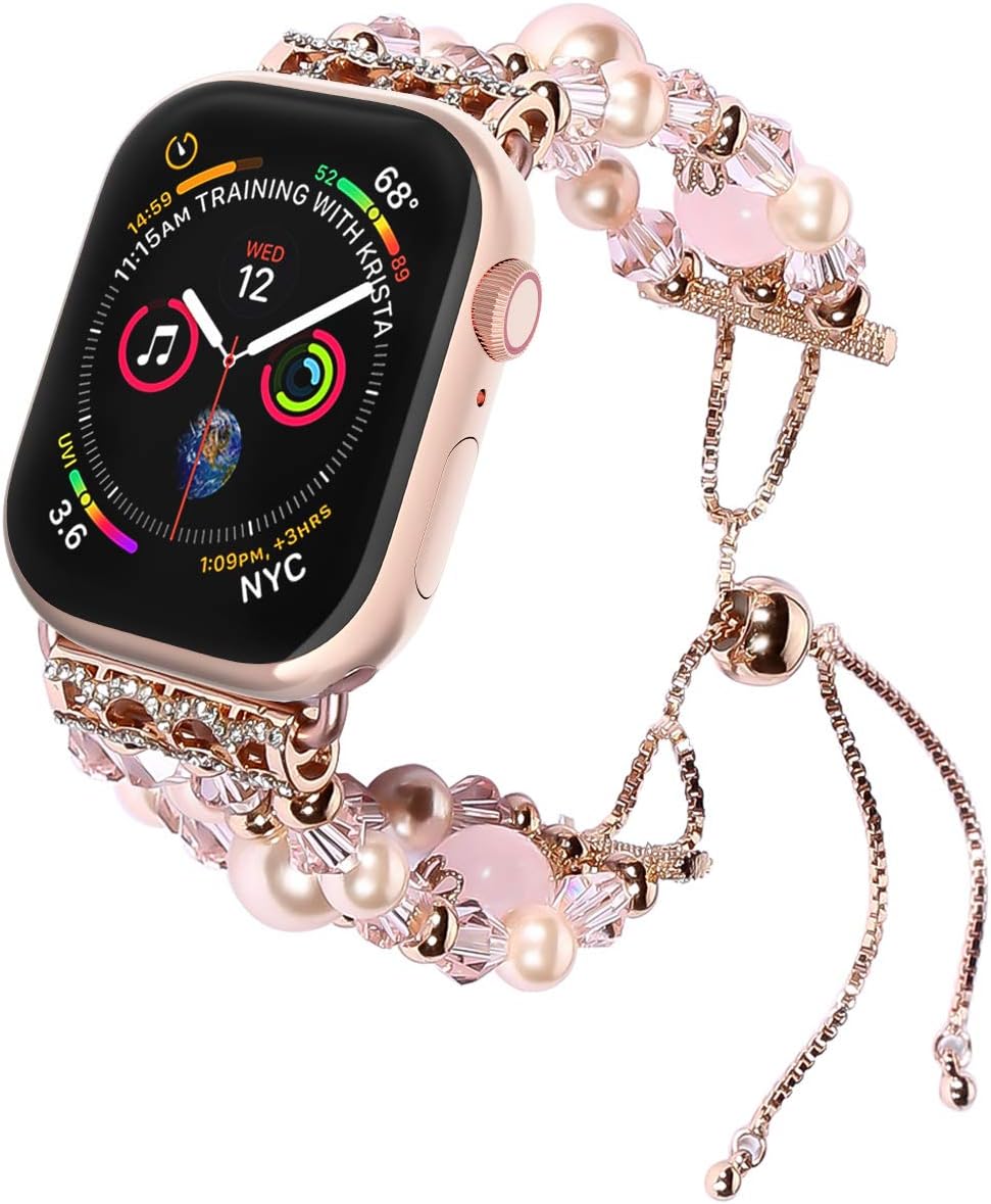 TILON Compatible for Apple Watch Band Replacement 38mm/40mm 42mm/44mm Series 5 4 3 2 1, Handmade Artificial Pearl Elastic Beaded iWatch Bracelet for Women Girls [Updated Style]