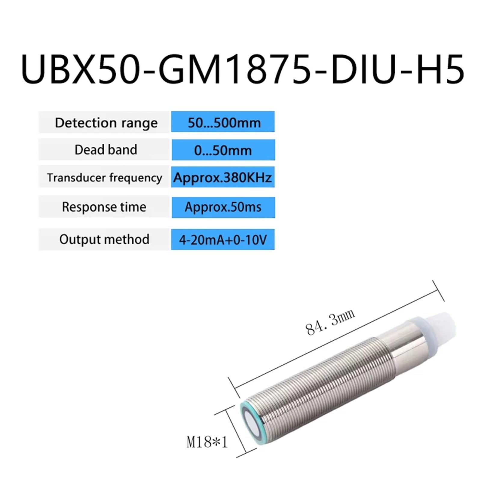 Détecteur de proximité à ultrasons M18, portée de détection 500 mm, capteur analogique 4-20 mA/0-10 V, sortie de commutation NPN/PNP(UBX50-GM1875-DIU-H5)