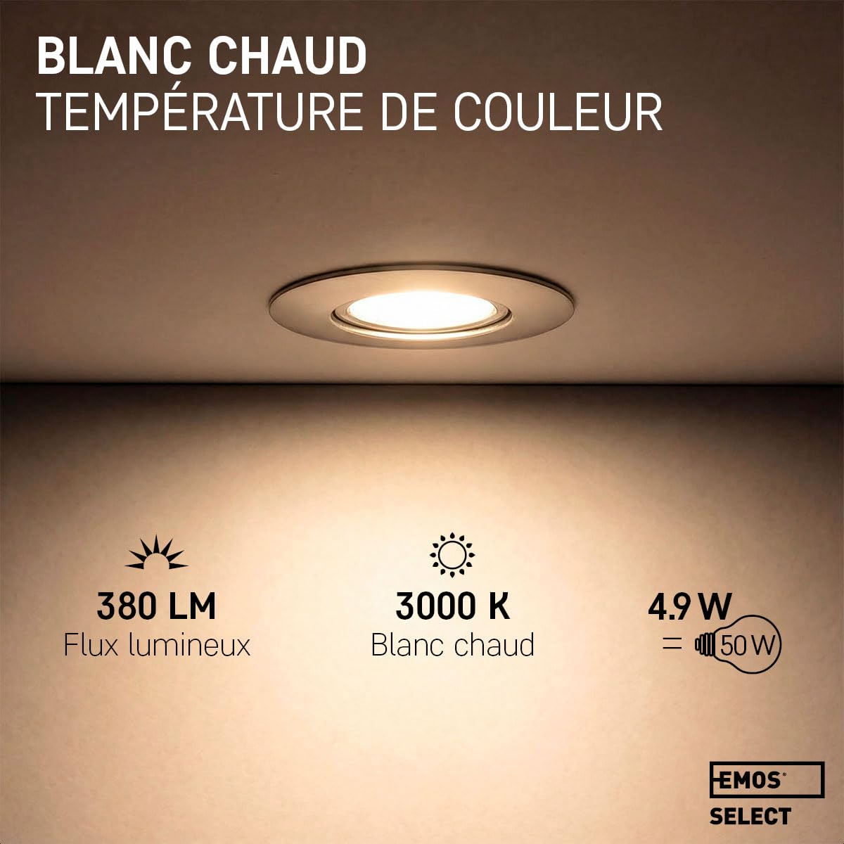 EMOS Spot LED encastrable 230V, 4.9W / 380lm | Spot LED Extra Plat 50° orientable, blanc chaud 3000K | Lot de 6 Spots de plafond pour l'intérieur, Plafonnier LED encastré, couleur argenté