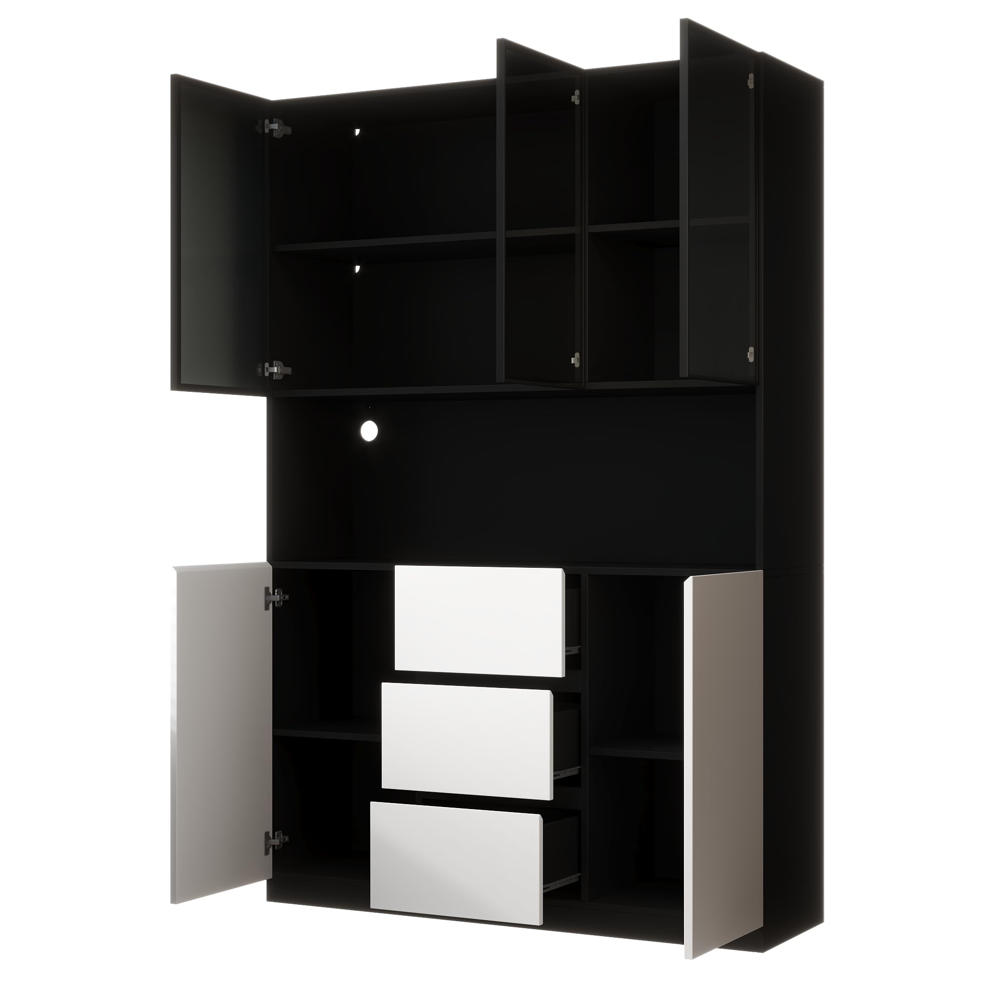 BTM Glasvitrine Stehend mit LED, Regalen & Schubladen Hochschrank Vitrinenschrank Wohnzimmer Küchenvitrine 120×40×200 cm