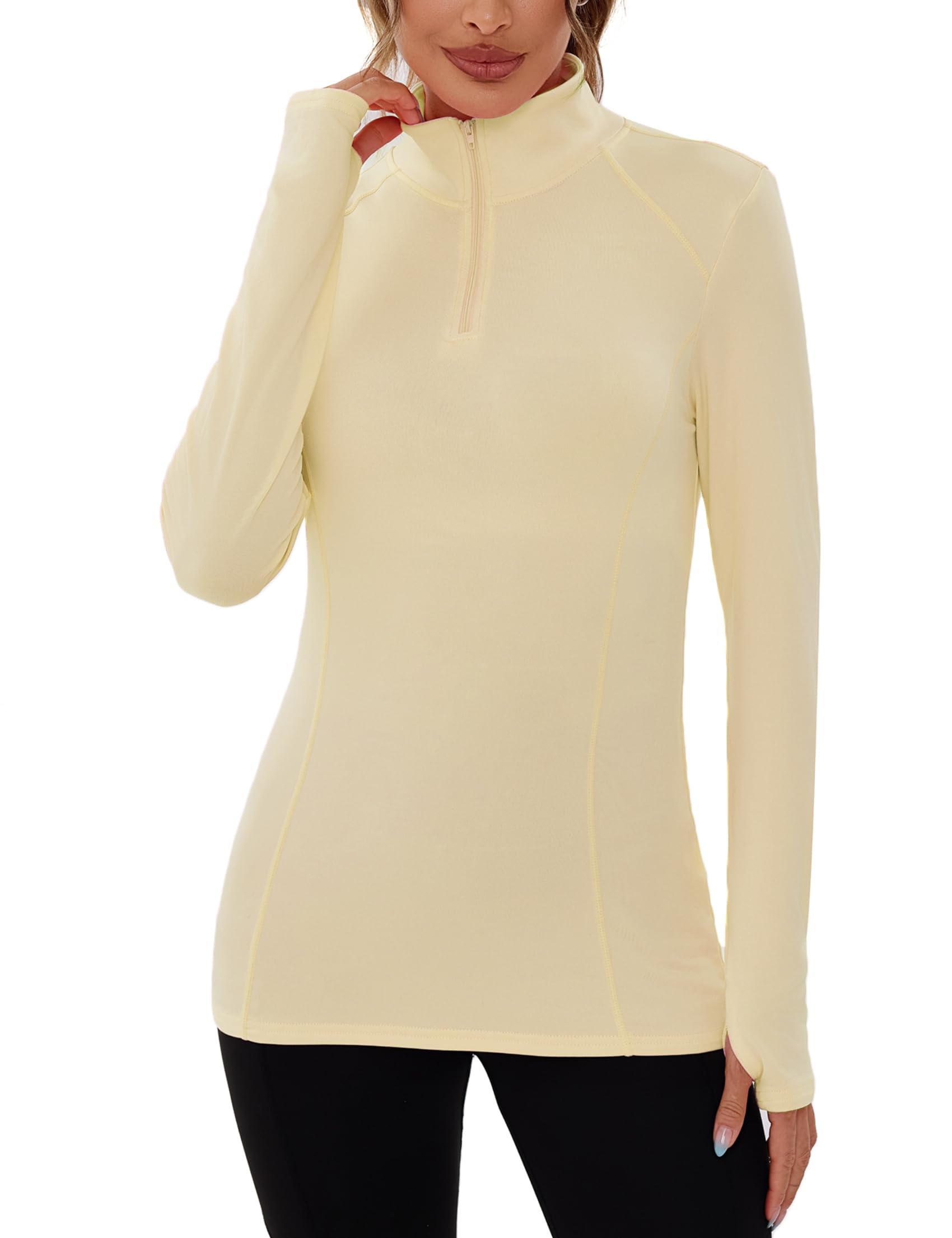 Terecey Thermisch shirt voor dames met 1/4 ritssluiting, lange mouwen, opstaande kraag, pullover, warm, sport, T-shirt, yoga, gym, hardloopshirt, top, training, fitness, loopshirt, S-XXL, marineblauw