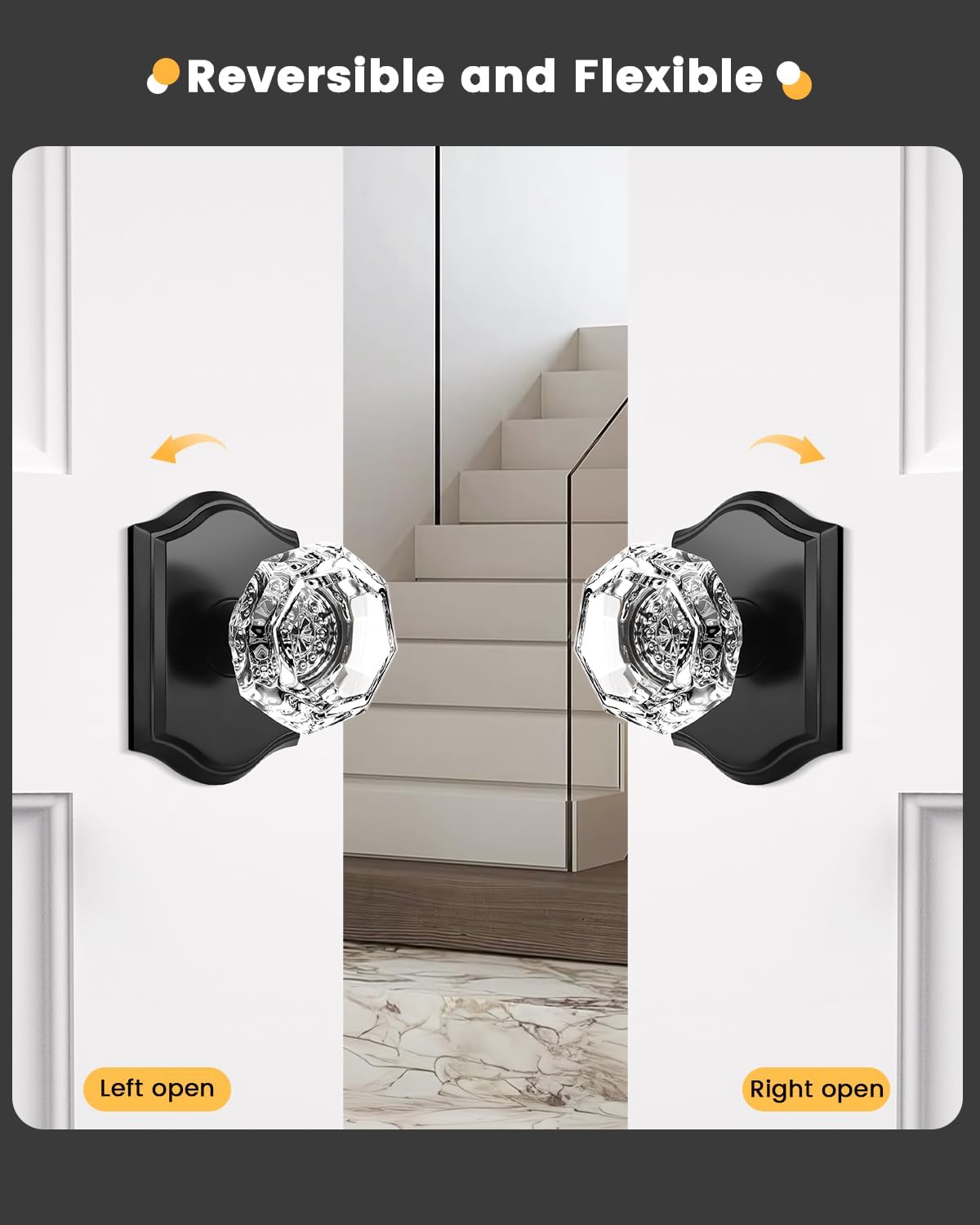 Gobrico 2 Pack Dummy Door Knobs,Clear Glass Crystal Door Knobs Octagon Shape with Arched Rosette,Pantry Bifold Door Knob Handle,Matte Black