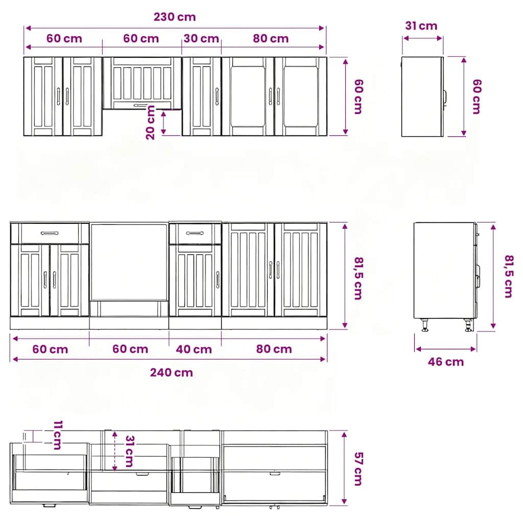 Set Mobili Cucina 8 Pezzi Kalmar Nero Legno Multistrato con Vetro