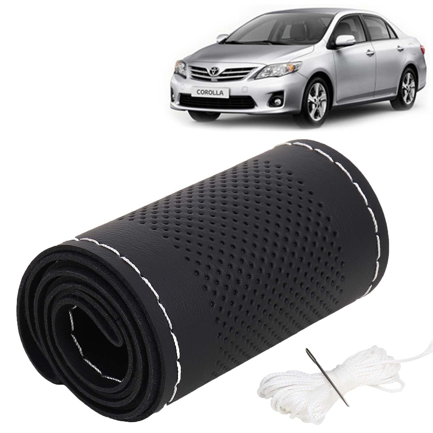 KINGSWAY® PU Leatherite Car Steering Cover Sewable Compatible with Toyota Corolla Altis (Year 2007-2013), Black Color wi