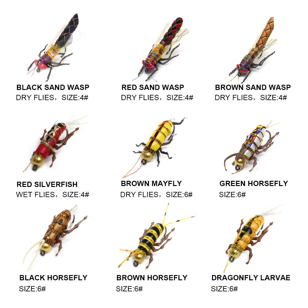 YZD Trout Fly Fishing Flies Collection Dry Wet Nymph Fly Assortment with Fly Box Flyfishing Flys Lures 12/16/18/22/36 Kits