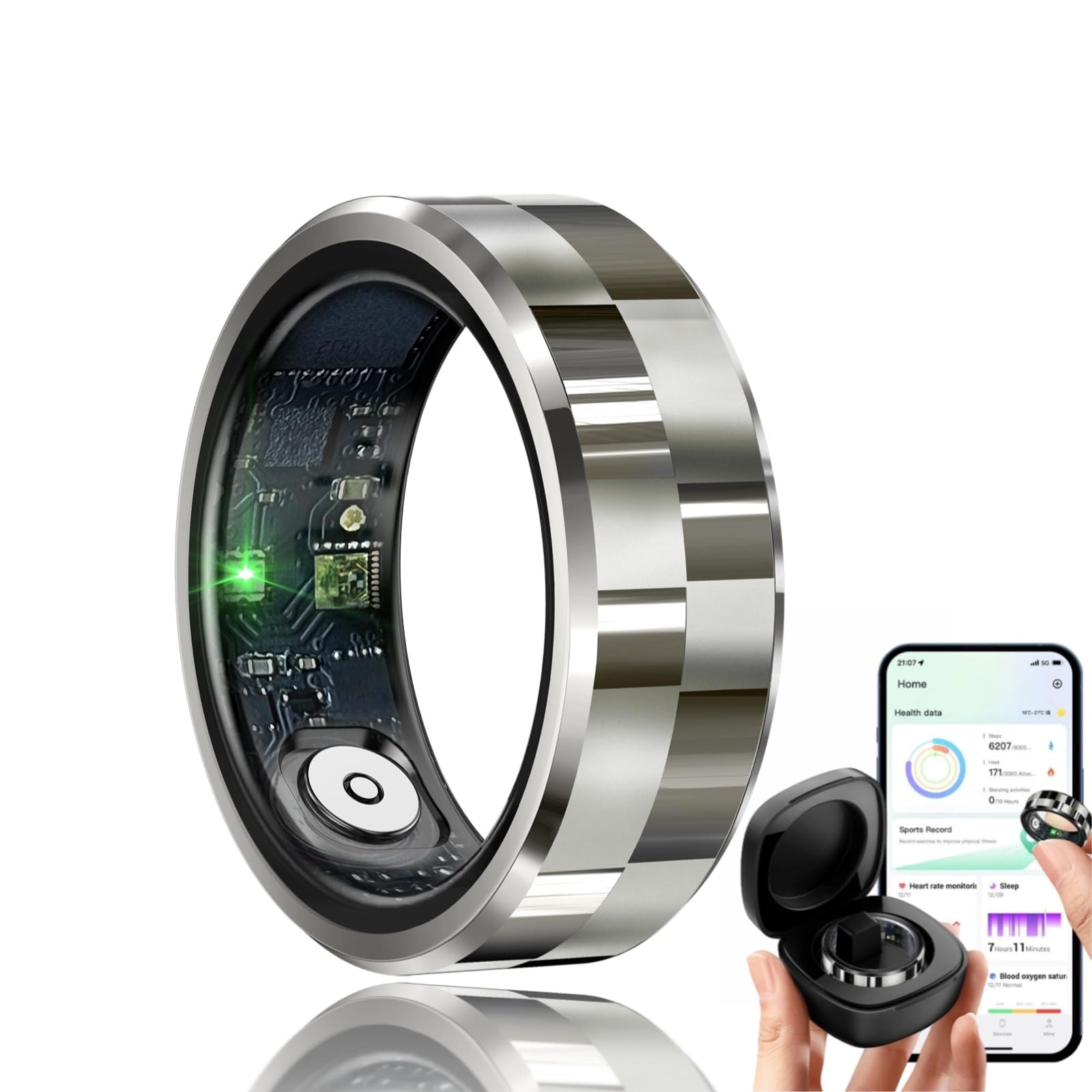 Smart Ring for Men Women, Sleep Tracking Wearable, Heart Rate, Fitness Tracker, Step Blood Oxygen Blood Pressure Tracker,Calorie Tracking, Shake to Take Photos (Sliver, #11)