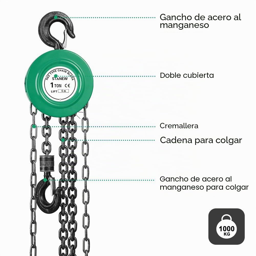 Polipasto de Cadena Manual con Gancho Resistente STANEW, Altura de Elevación 6,0 m, Verde,Doble Cadena de Carga,G80,Gancho de Elevación con Seguridad (1 tonelada 6,0 m)