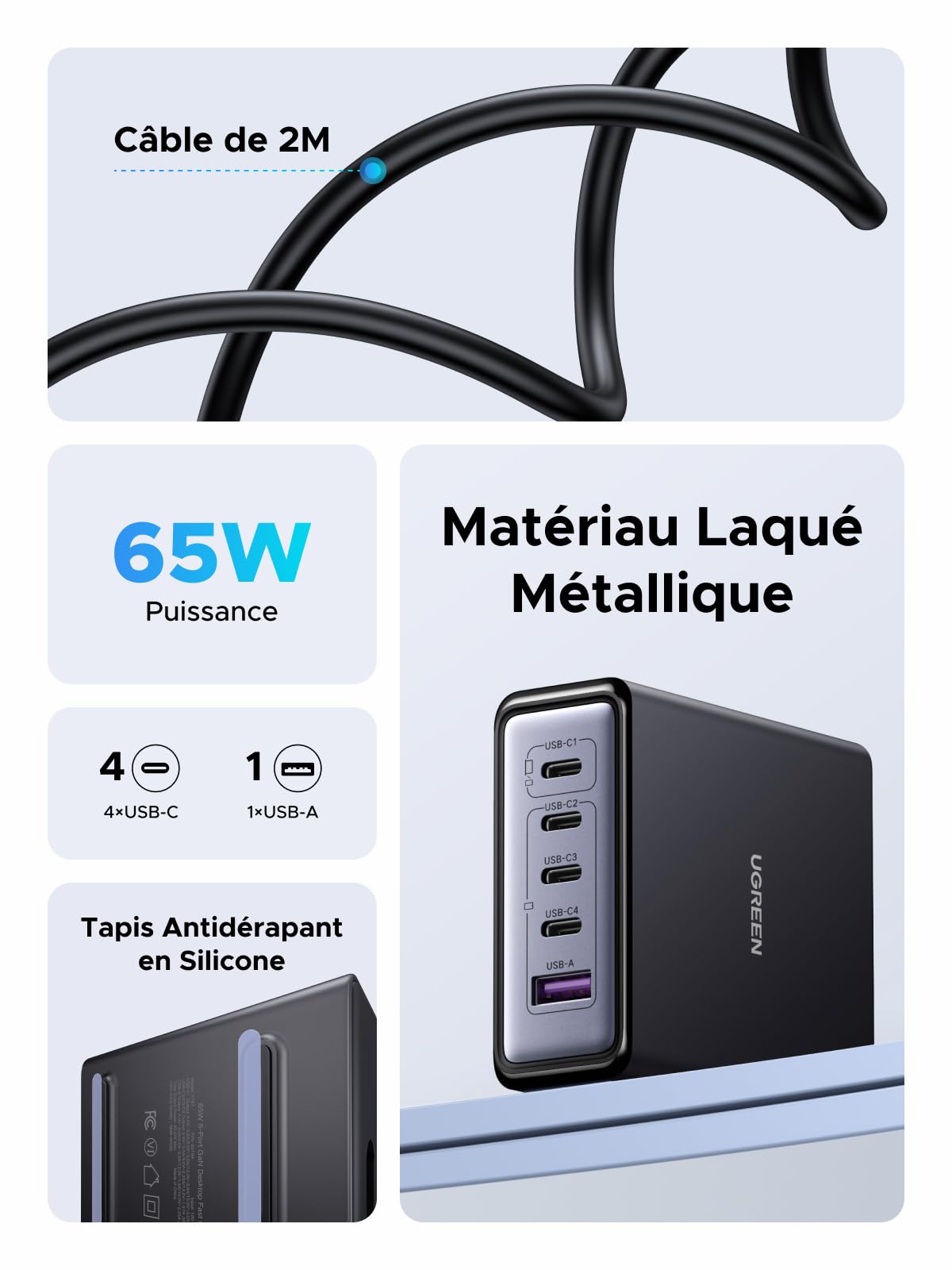 UGREEN Zapix 65W 5 Ports Chargeur USB C Rapide Bureau GaN Compatible avec iPhone 17 Pro Max Air 16 Plus 15 14 13 12 iPad Mini MacBook Pro Air Neo Galaxy S26 S25 S24 S23 2M Câble Alimentation Inclus