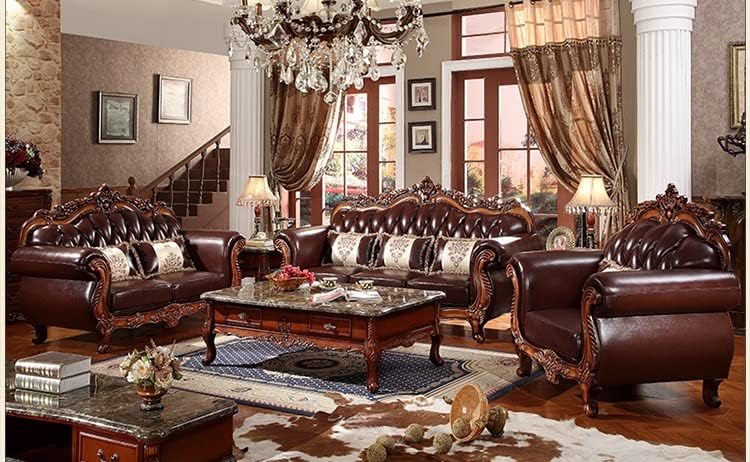 Lsgf Luxury Design Leatherette Sofa Set With Soild Sagwan Wooden Carving Work Single Sofa Chair Sofa Set For Living Room Or Bedroom (3+2+1 With Center Table, Dark Brown)