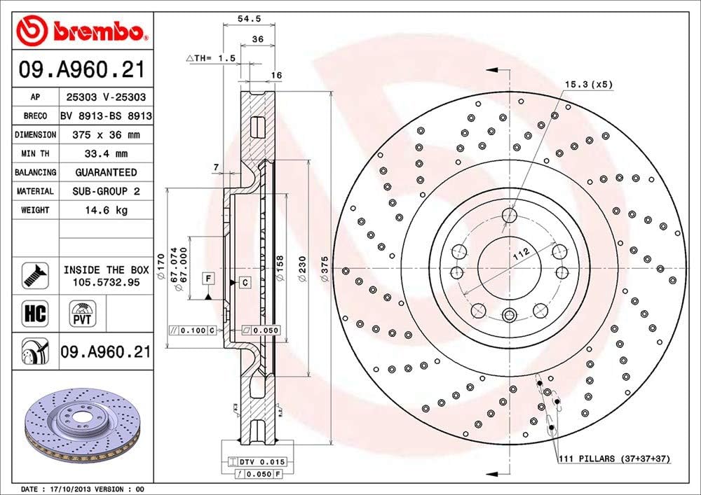 Brembo 09.A960.21 UV Coated Pillar Vented drilled Front Brake Rotor MERCEDES-BENZ OE# A1664210912