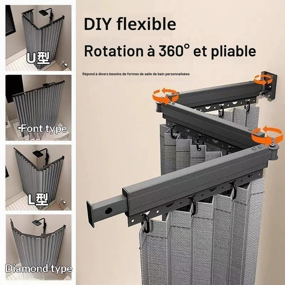 Tringle à Rideau De Douche Pliable,Barre De Douche en L Rétractable,Pliable Tringle à Rideau Barre,1,8× 2 m Rideau de Douche Pliable Anti Moisissure Imperméable,Forme U/L/Droite, pour Salles de Bain