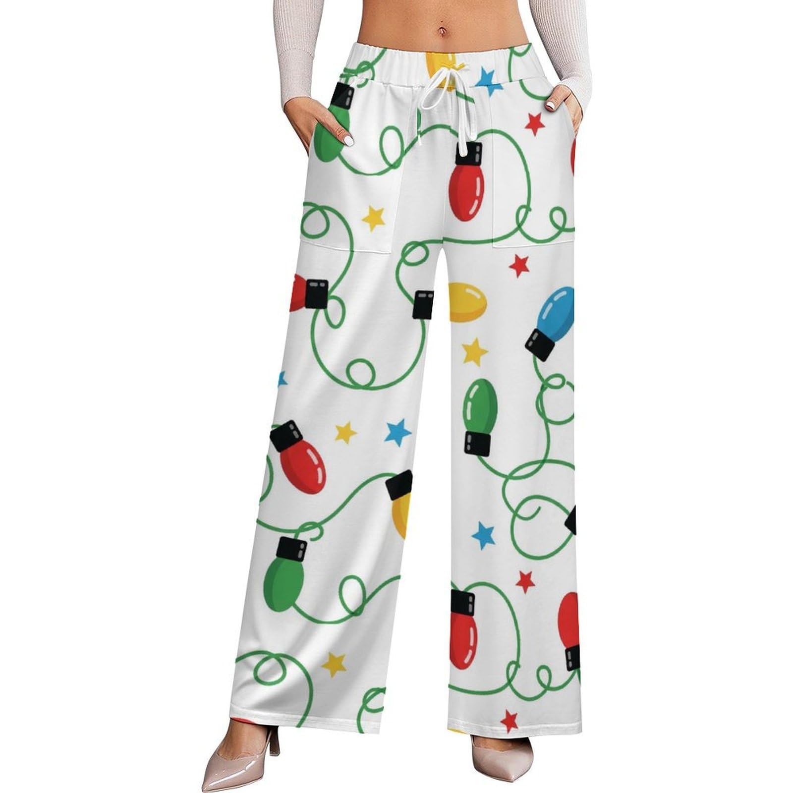 Christmas Lights Wide Leg Pants for Women Elastic High Waisted Womens Casual Palazzo Lounge Pants