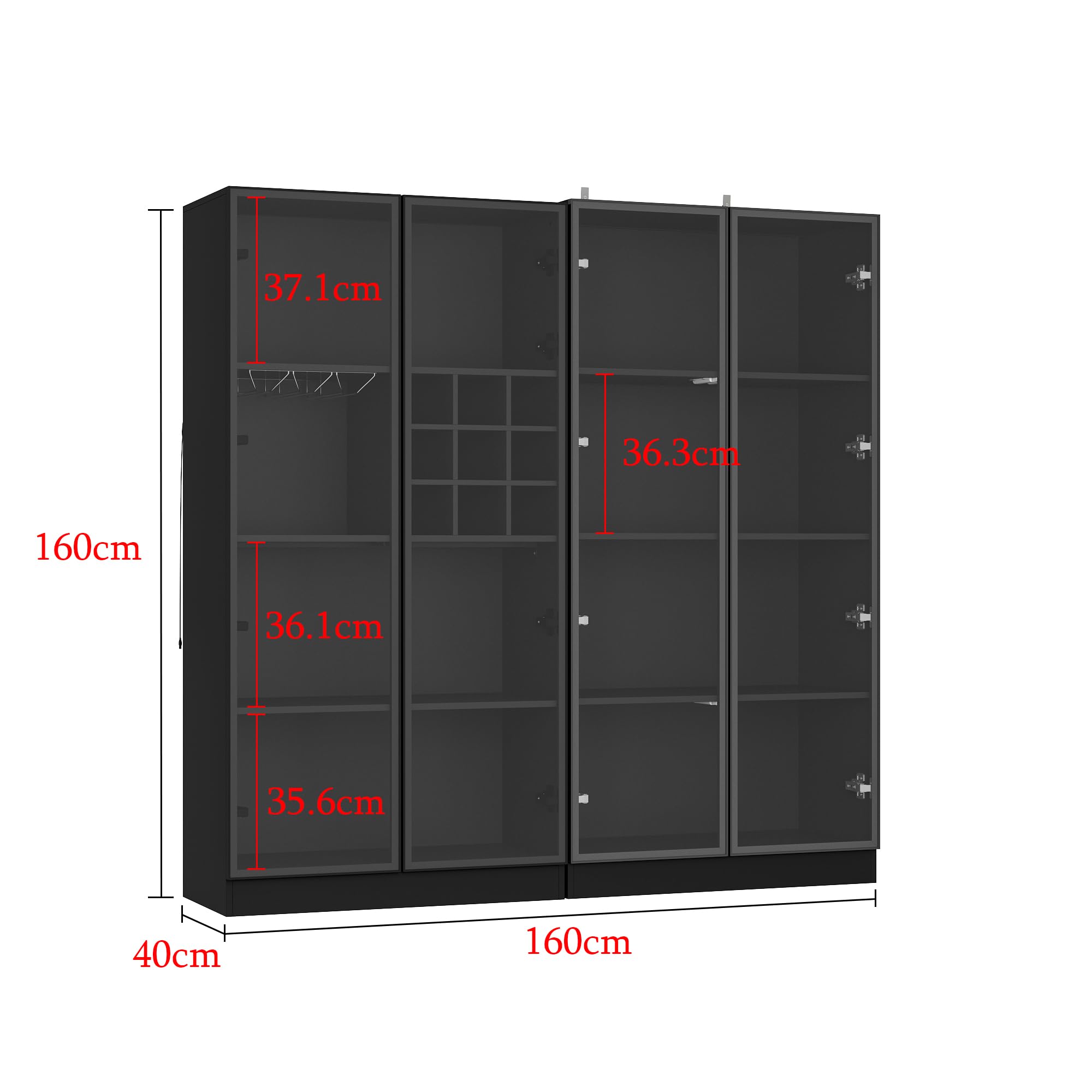 Vitrina de vidrio con iluminación LED, negra, vitrina de colección, diseño pop-up, vitrina con puerta de vidrio negro, 40 x 160 x 160 cm