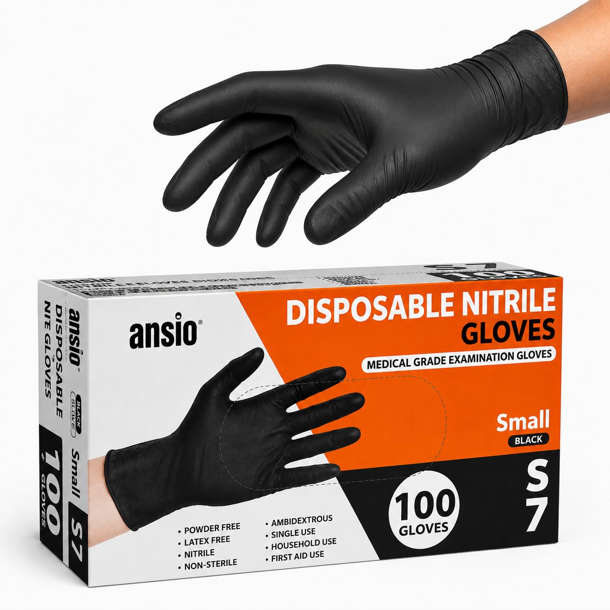 ANSIO Black Nitrile Gloves Small, 100 Disposable Gloves, Powder Free Latex Free Medical Grade Examination Gloves, Touchscreen Compatible Food Safe Gloves for Cleaning, Food Prep, Hair Dye & DIY โ image 1