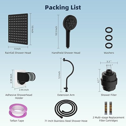 Miniatura 8 de Hibbent All Metal - Cabezal de ducha con doble filtro de 10 pulgadas, cabezal de ducha de mano de alta presión con brazo de extensión curvado