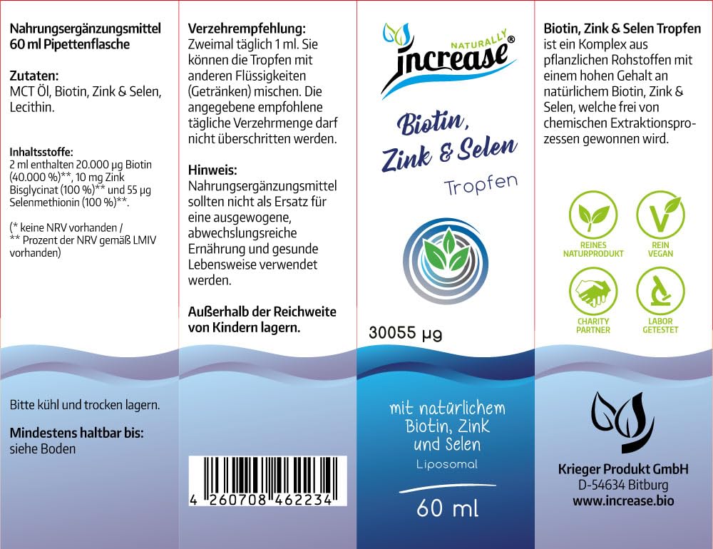 Liposomale Biotin, Zink & Selen Tropfen hochdosiert - (901.650µg pro Packung) 30.055µg Biotin, Zink & Selen pro Tagesdosis - MCT Öl - Hohe Bioverfügbarkeit