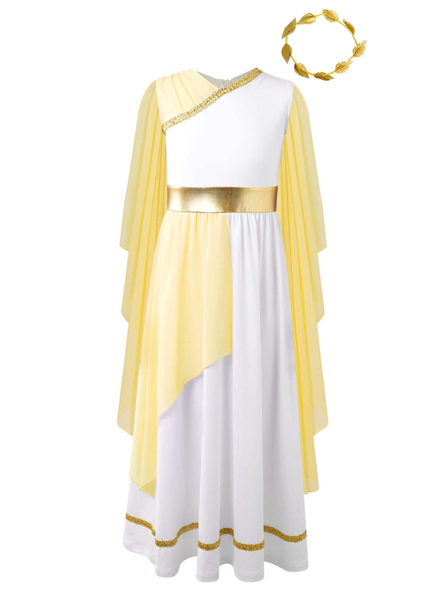 Oyolan Kids Girl's Greek Toga Roman Princess Dress-up with Headband Set Ancient Greece Mythos Philosopher Grecian Outfit Yellow 5-6 Years