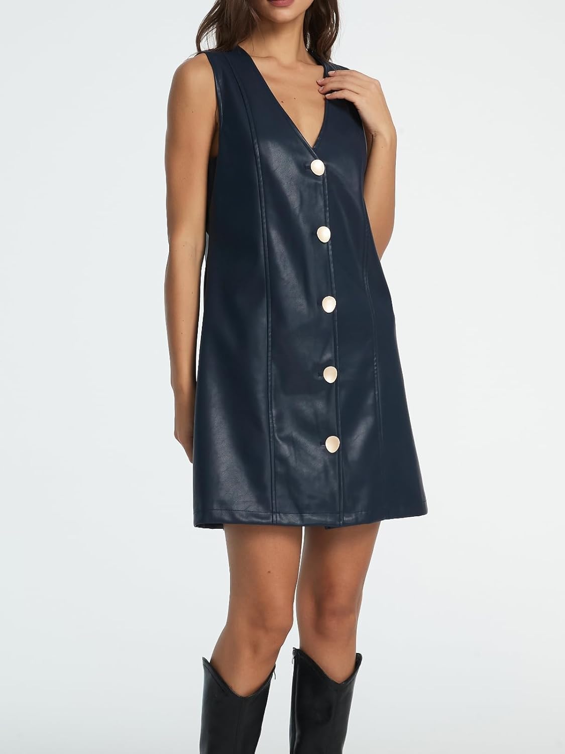 Women Faux Leather Mini Dress Sleeveless V Neck Button Down Pinafore Dress - Image 4