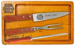 Tabua de Cortar Personalizada Com Kit Churrasco Personalizado Faca, garfo, Chaira, Presente para Pais, Festa Empresa, Casamento