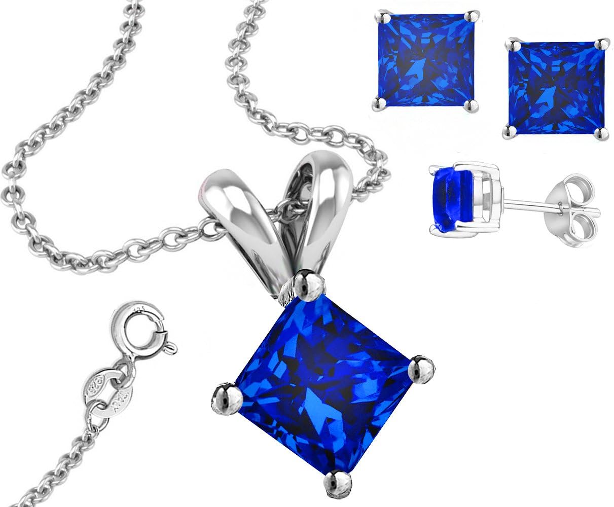 FANTOM 925 Sterling Silver Princess Cut Simulated Sapphire Pendant and Earrings Combo Gift Set...