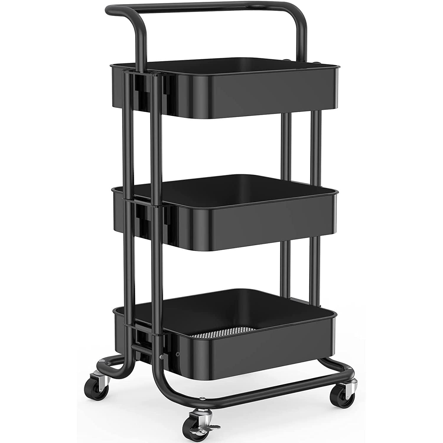 3-Tier Rolling Cart Multifunction Storage Utility Shelves Cart with Handle and Lockable Wheels Easy Assembly for Kitchen Bathroom Office Bedroom (Black A)