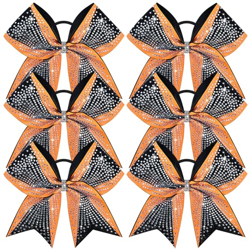 DEEKA 6PCS 8" Large Glitter Orange and Black Cheer Bows Two Toned Rhinestones Stiff Cheer Hair Bows Elastic Band Competition Bows for Cheerleader Team Girls Sports -Orange/Black