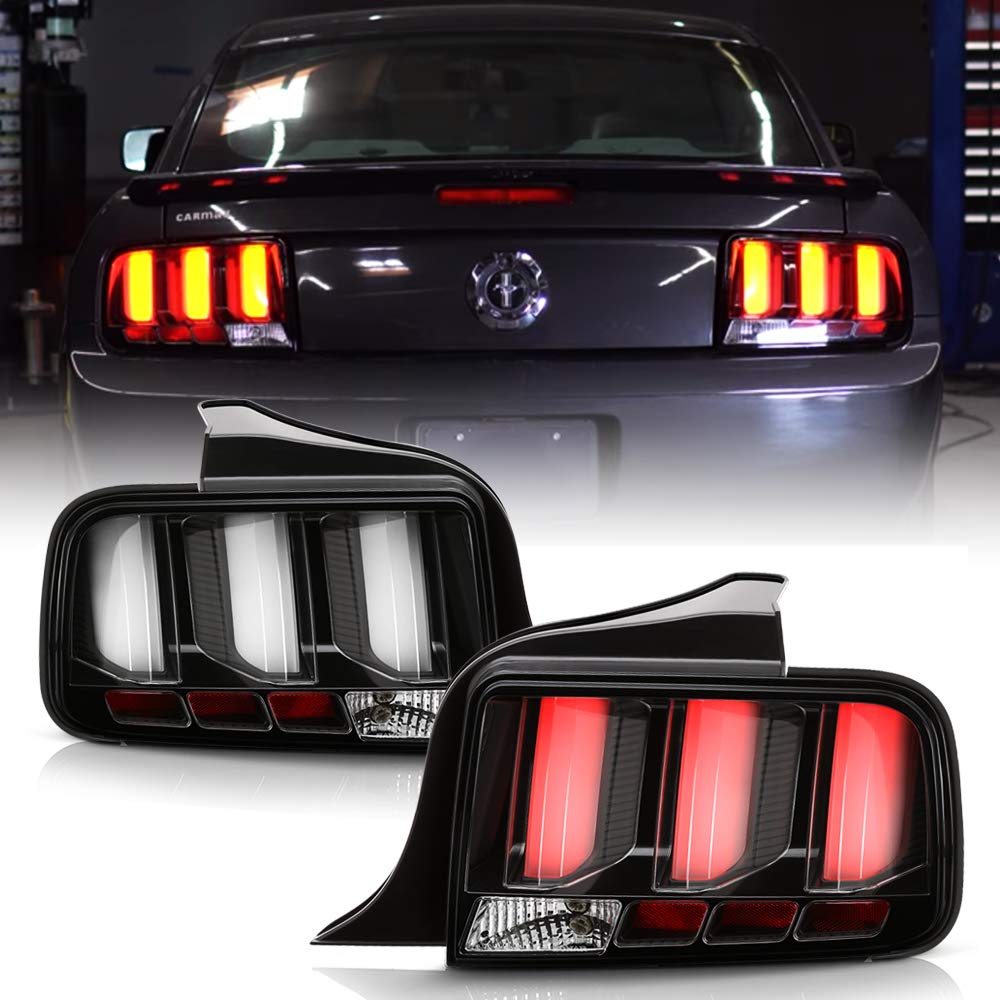 ACANII -For 2005-2009 Ford Mustang Black Housing LED Tube Sequential Signal Tail Lights Brake Lamps Assembly Left+Right
